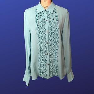 LIZ CLAIBORNE 100% Silk RUFFLE FRONT Blouse, AQUA, NWOT, Size 14